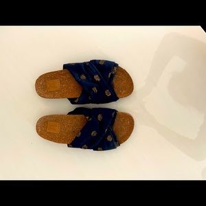 Figue navy sandals with copper metallic flecks and comfy cork sole